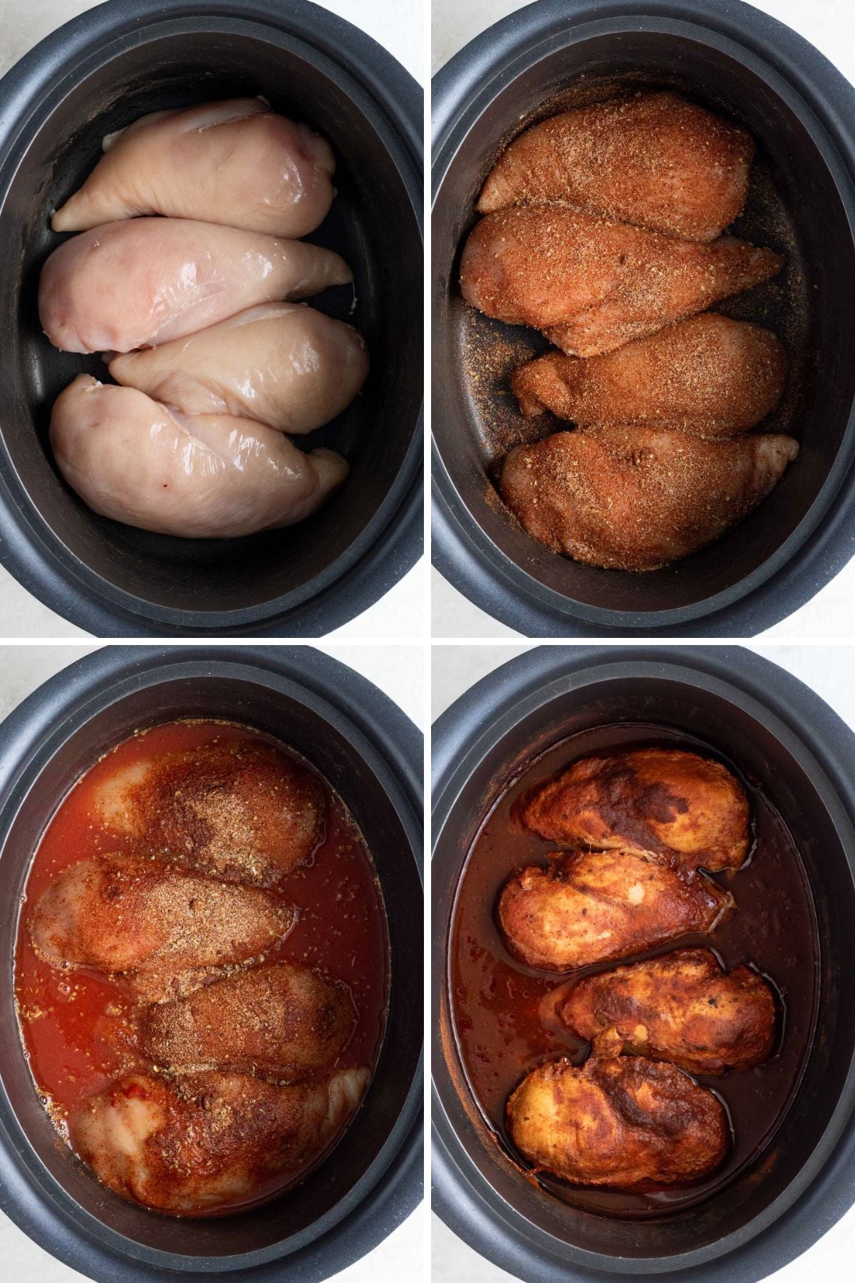 Grid of 4 images of a slow cooker with raw chicken breasts; a slow cooker with raw chicken breasts covered in spices; a slow cooker of raw chicken breasts covered in spices, tomato paste, and chicken broth; and a slow cooker with cooked chicken breasts cooked in taco seasoning.