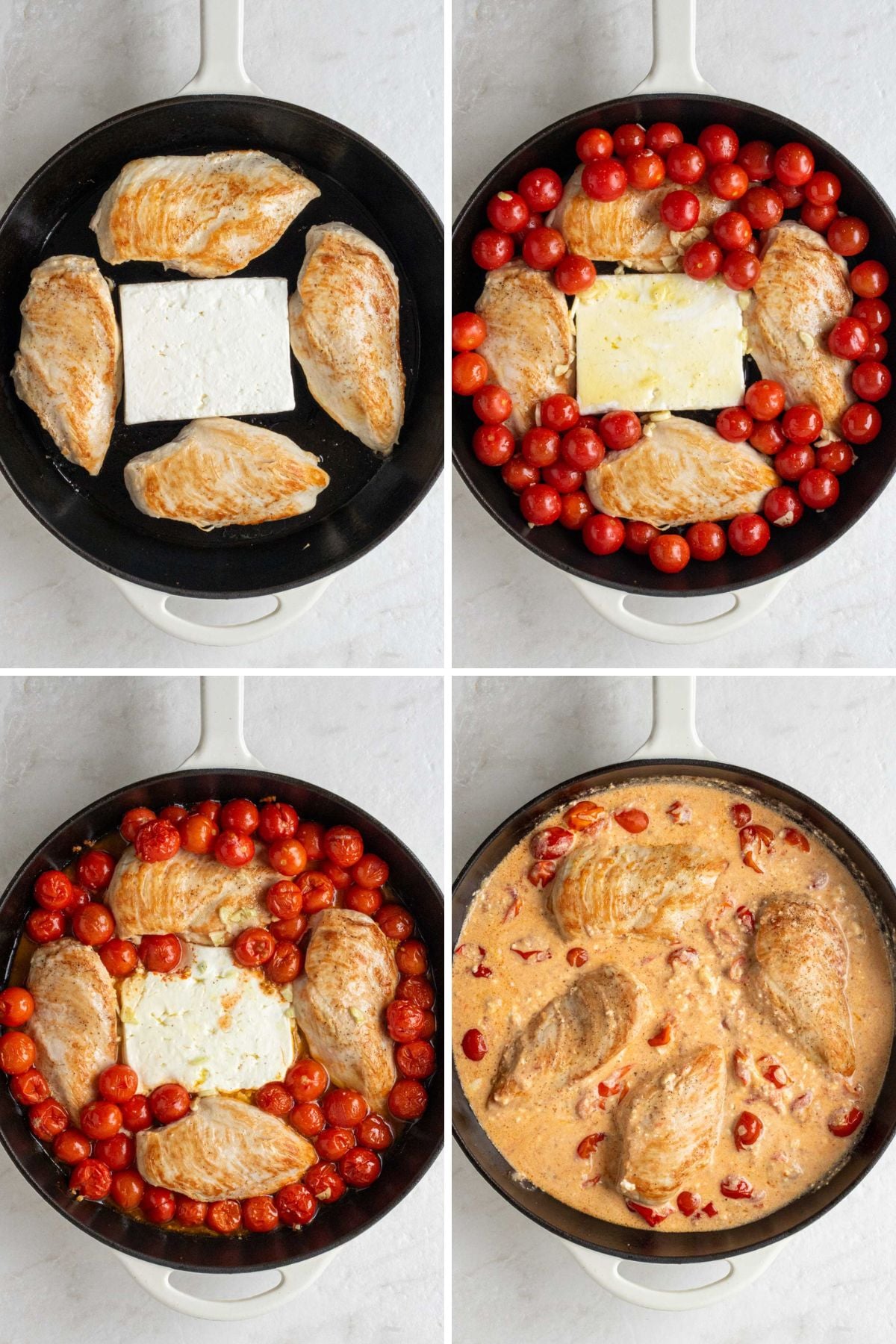 Grid of 4 images with a cast-iron skillet with browned chicken breasts and a block of feta cheese; a cast-iron skillet with browned chicken breasts, block of feta cheese, and raw cherry tomatoes; a cast-iron skillet with cooked chicken breasts, baked feta, and roasted cherry tomatoes; and a cast-iron skillet with cooked chicken breasts covered in a creamy tomato feta sauce.