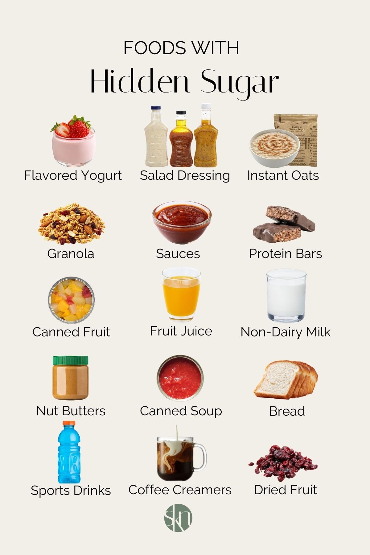 Infographic of a list of foods with hidden sugar.