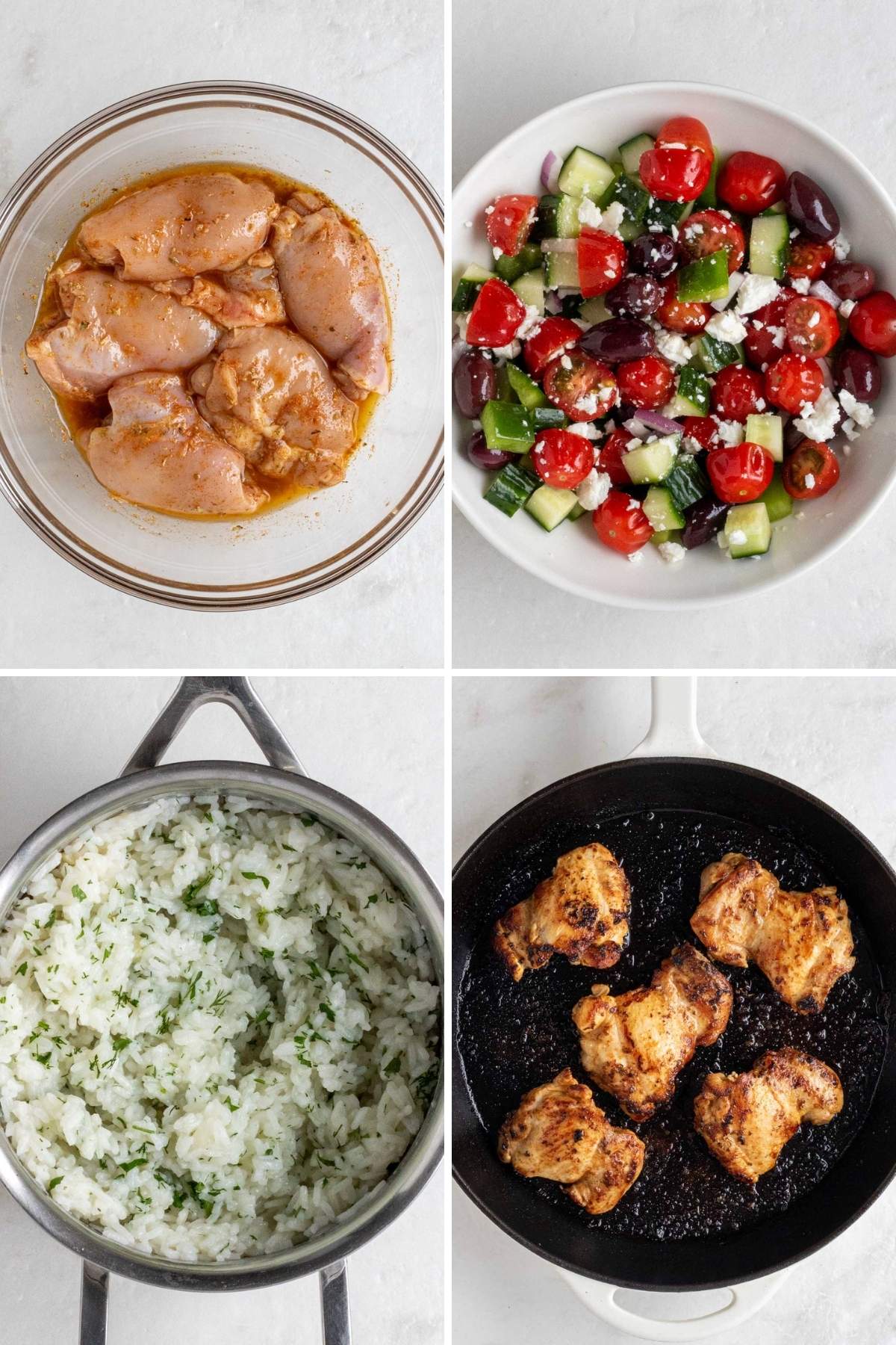 A grid of 4 images of a glass bowl with chicken thighs in Greek marinade; a white bowl of Greek salad; a pot with cooekd rice pilaf; a cast-iron skillet with cooked chicken thighs.