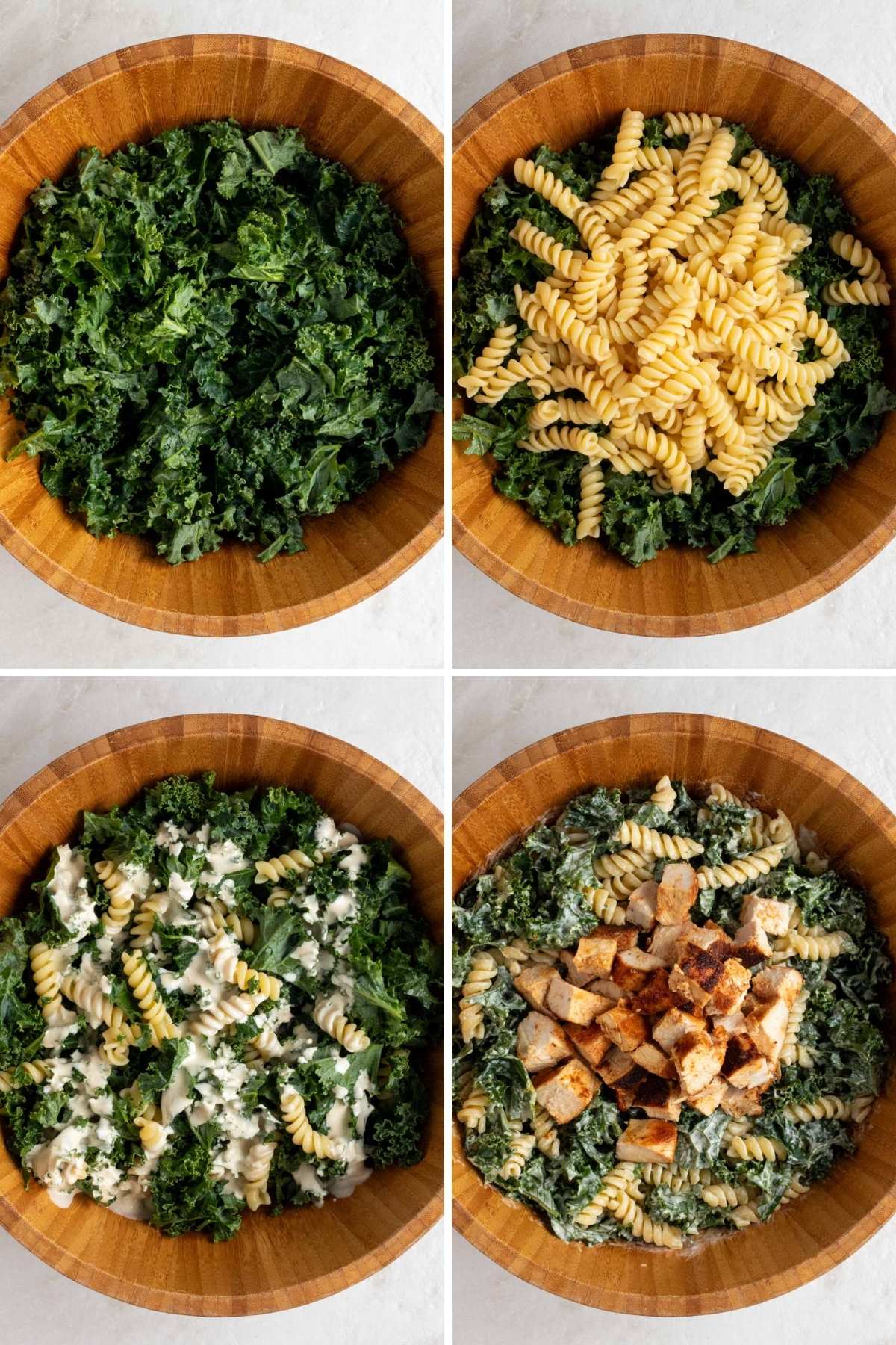 Grid of 4 images with a wood bowl with chopped kale; a wood bowl with chopped kale and cooked pasta; a wood bowl with chopped kale, cooked pasta, and Caesar dressing on top; a wood bowl with chopped kale and cooked pasta tossed in Caesar dressing with cubed cooked chicken on top.