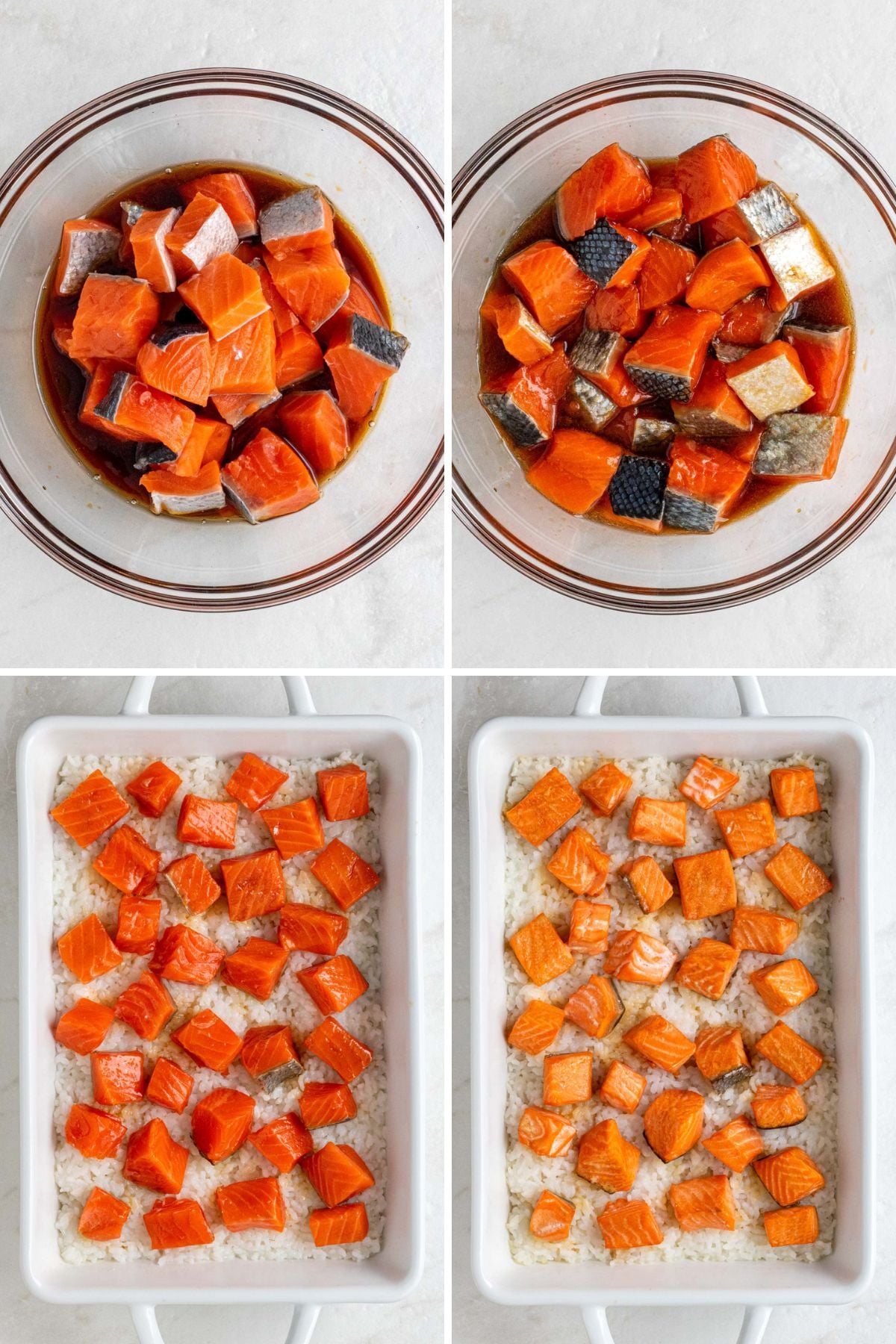 Grid of 4 images with a glass bowl of raw cubed salmon; a glass bowl of cubed salmon in a marinade; a large baking dish filled with cooked sushi rice and marinated, raw cubed salmon; and a large baking dish with cooked sushi rice and pieces of baked salmon on top.