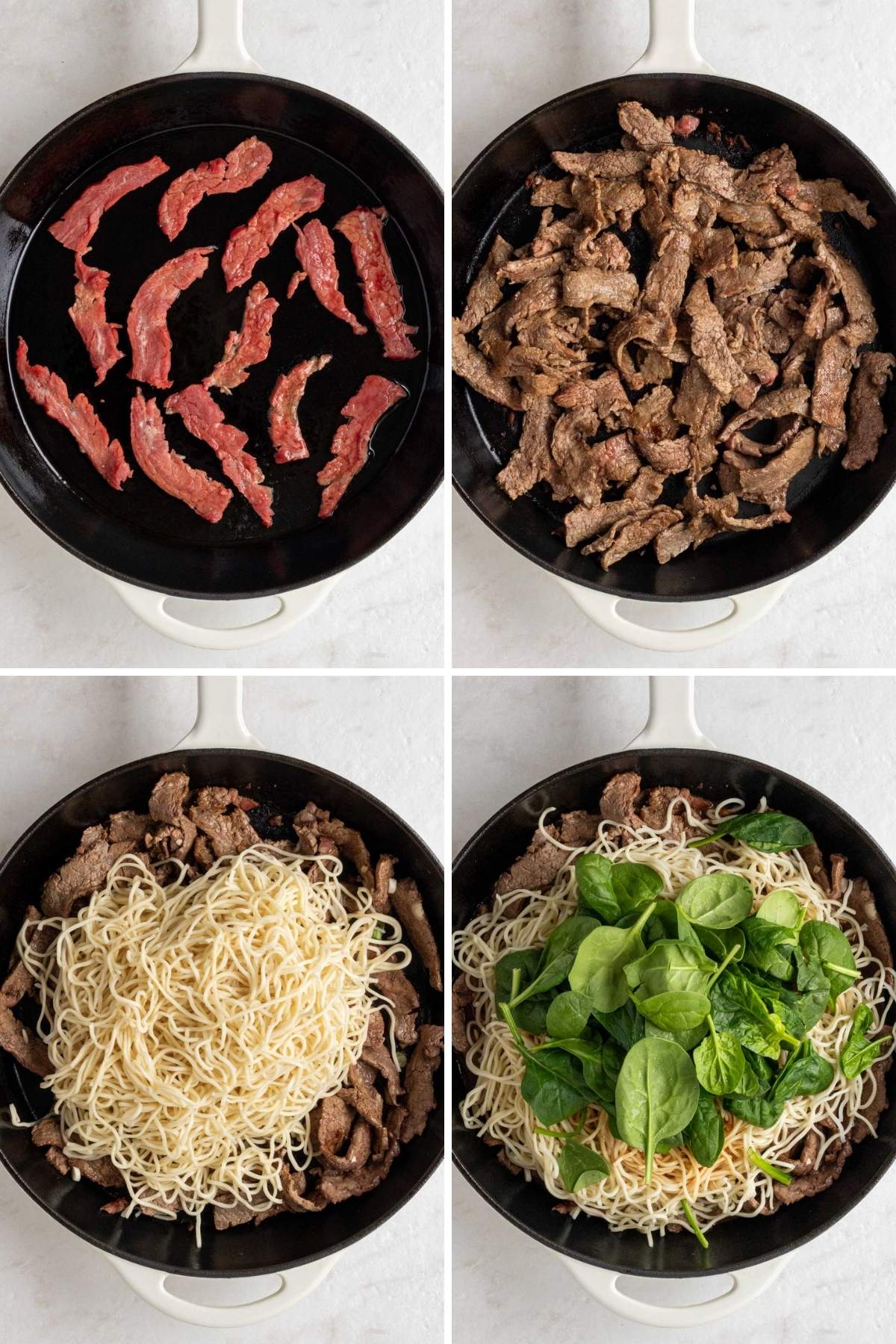 Grid of 4 images with a pan of raw sliced steak cooking; a pan filled with cooked steak slices; a pan filled with cooked steak slices and cooked noodles; a pan filled with cooked steak slices, cooked noodles, sesame sauce, and raw spinach.