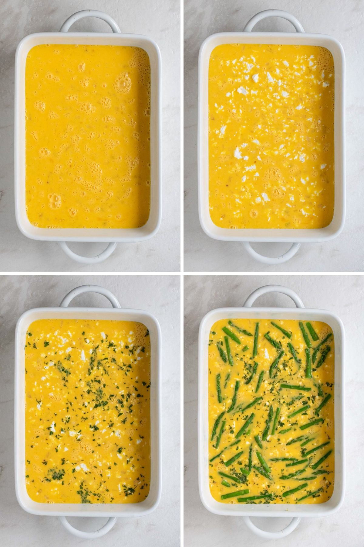 Grid of 4 images with a prepared baking dish of whisked eggs, a baking with whisked eggs and goat cheese; a baking with whisked eggs, goat cheese, and chopped herbs; and a baking with whisked eggs, cheese, herbs, and raw asparagus.