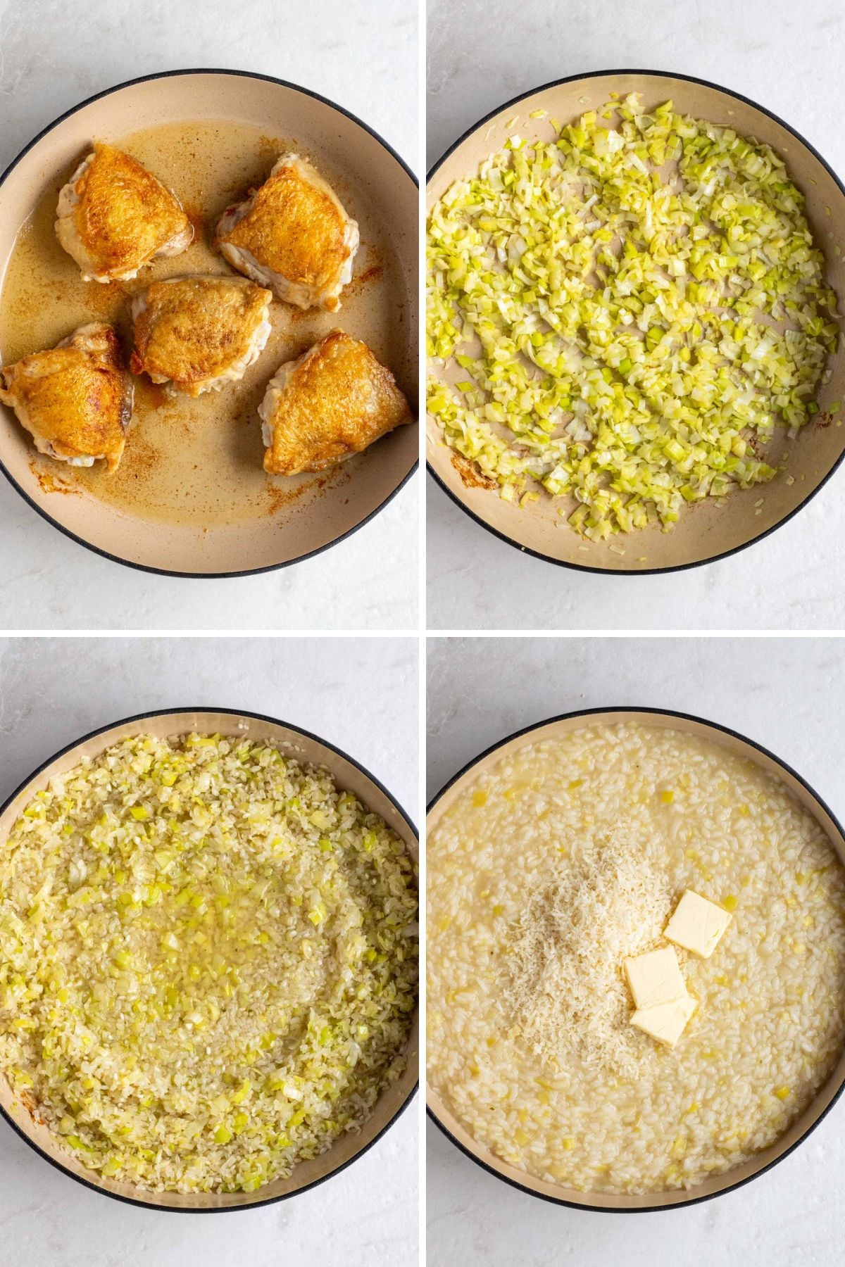 Grid of 4 images with a pot of seared chicken thighs; a pot of sautéed shallots and leeks; a pot of sautéed shallots, leeks, garlic, rice, and chicken broth; and a pot of leek risotto with freshly grated parmesan cheese and butter on top.