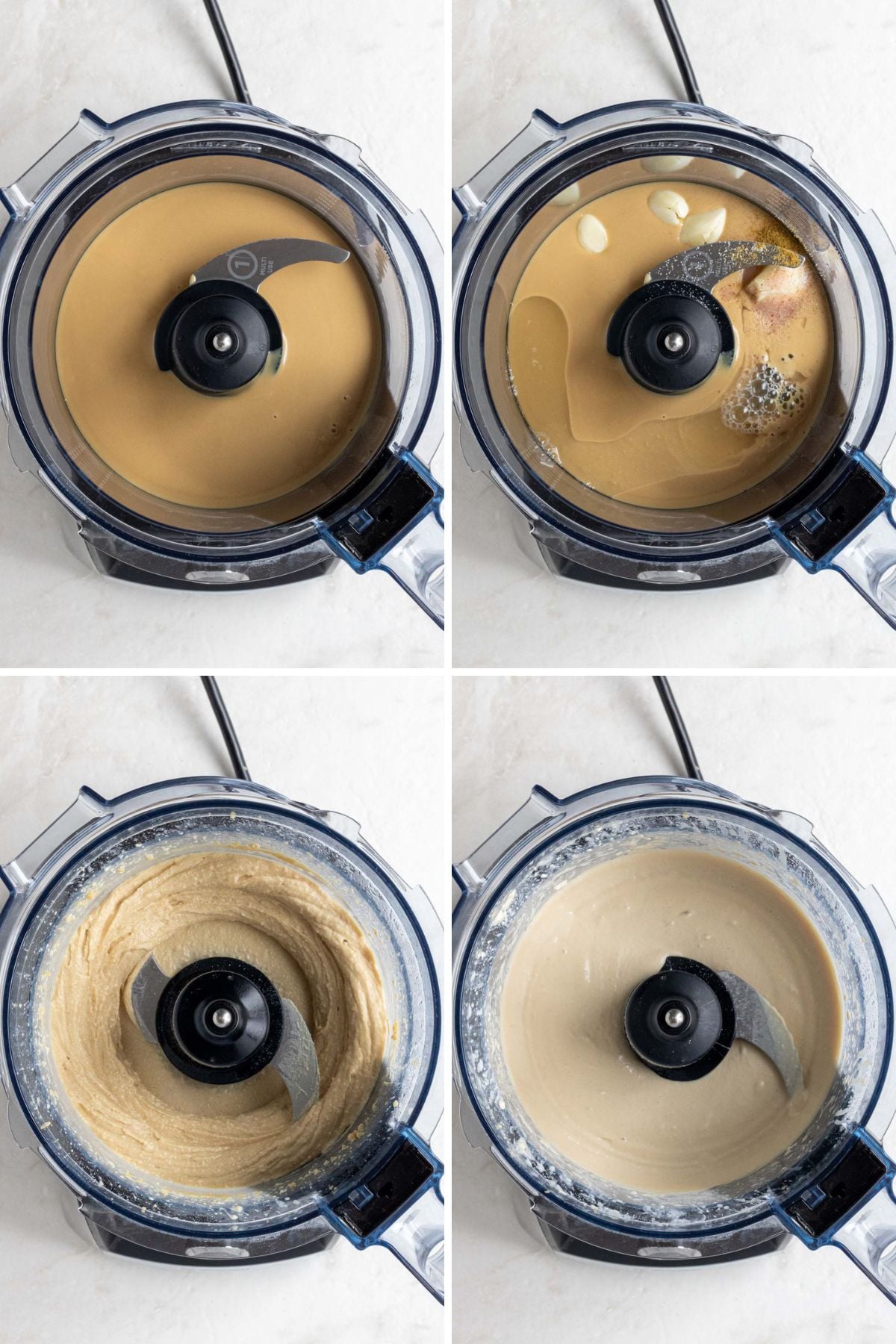 Grid of 4 images of a food processor with tahini; a food processor with tahini, lemon juice, garlic cloves, cumin, and salt; a food processor with tahini paste; and a food processor with creamy tahini sauce.