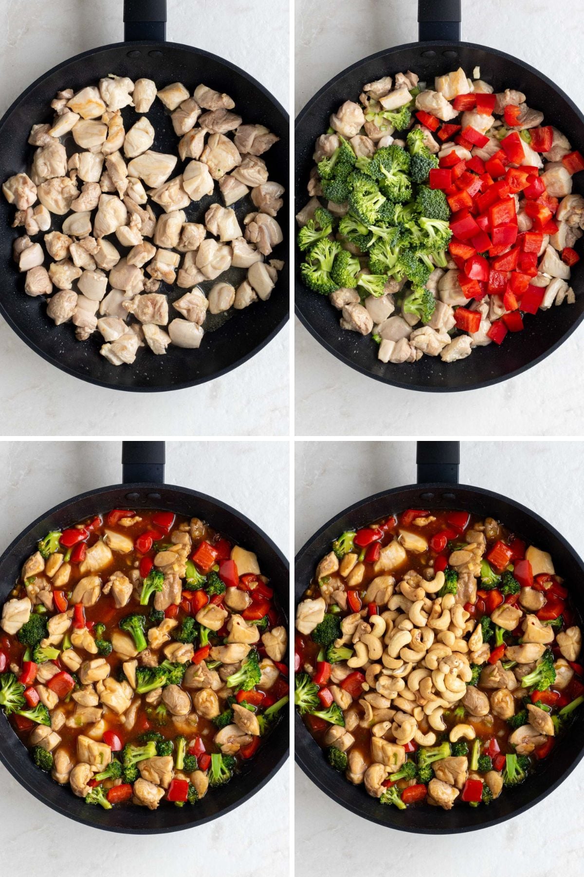 Grid of 4 images with a pan of cooked cubed chicken thighs; a pan of cooked chicken with diced red onion and broccoli florets; a pan of cooked chicken, veggies, and stir fry sauce; and a pan of honey chicken with roasted cashews on top.