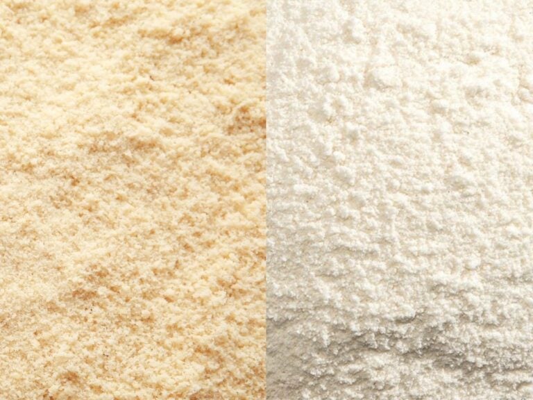 Grid of 2 images with a close of up almond flour and a close up of coconut flour.