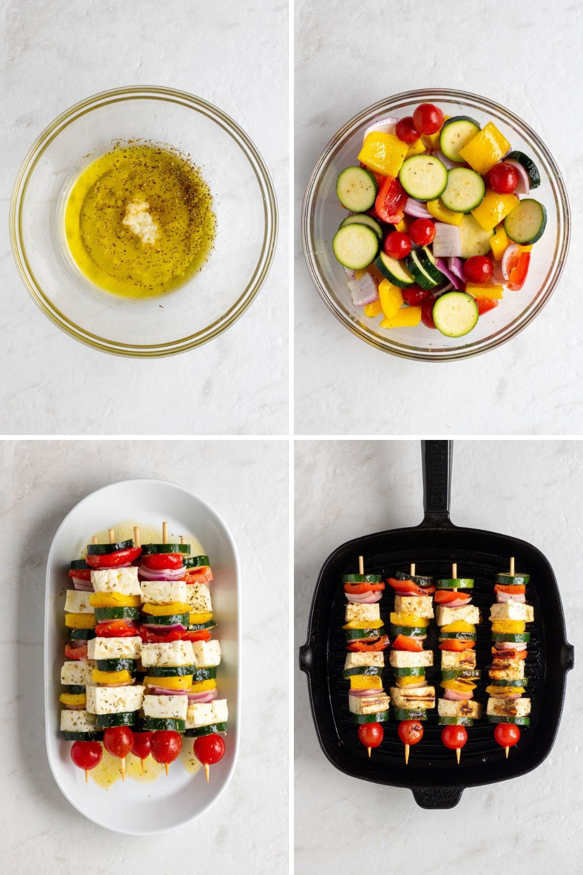 Grid of 4 images with a glass bowl of marinade; a glass bowl with marinated vegetables; a glass bowl with uncooked halloumi and vegetable skewers on a plate; and a grill pan with grilled vegetable and halloumi skewers.