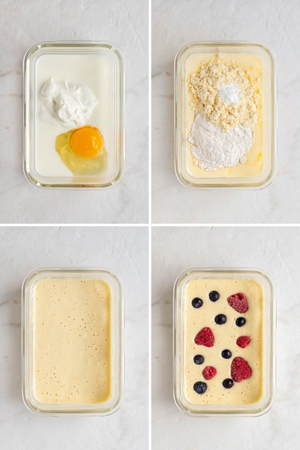 Grid of 4 images with a glass container with milk, yogurt, and an egg; glass contain with milk, yogurt, and egg whisked together with all-purpose flour, protein powder, and baking powder on top; a glass container with pancake batter; and a glass container with pancake batter with frozen berries on top.