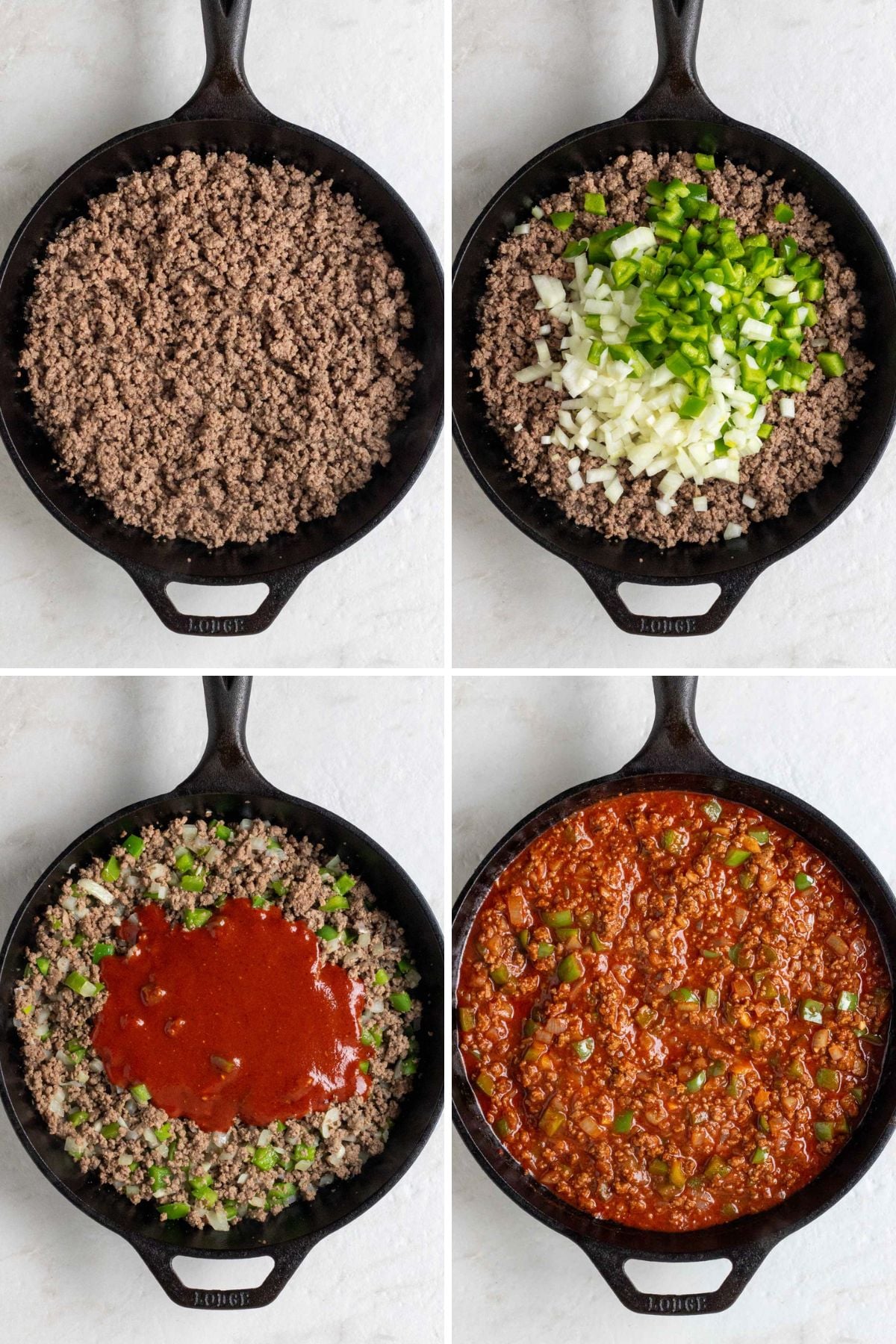 Grif of 4 images with a cast-iron skillet of cooked ground beef; a cast-iron skillet with cooked ground beef, diced onion, and diced green bell pepper; a cast-iron skillet with cooked ground beef and veggies with sloppy joe sauce on top; and a cast-iron skillet with sloppy joe mixture.