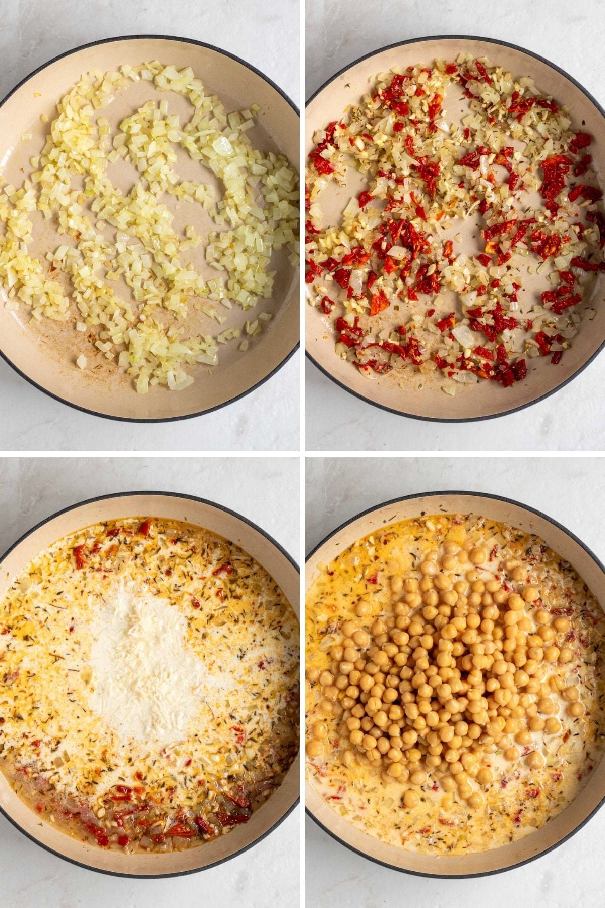 Grid of 4 images with a pot of sautéed onion; pot of sautéed onion, garlic, sun-dried tomatoes, thyme, and red pepper flakes; pot of sautéed onion, garlic, sun-dried tomatoes, thyme, red pepper flakes, heavy cream, and freshly grated parmesan cheese; and a pot of Tuscan sauce with chickpeas.