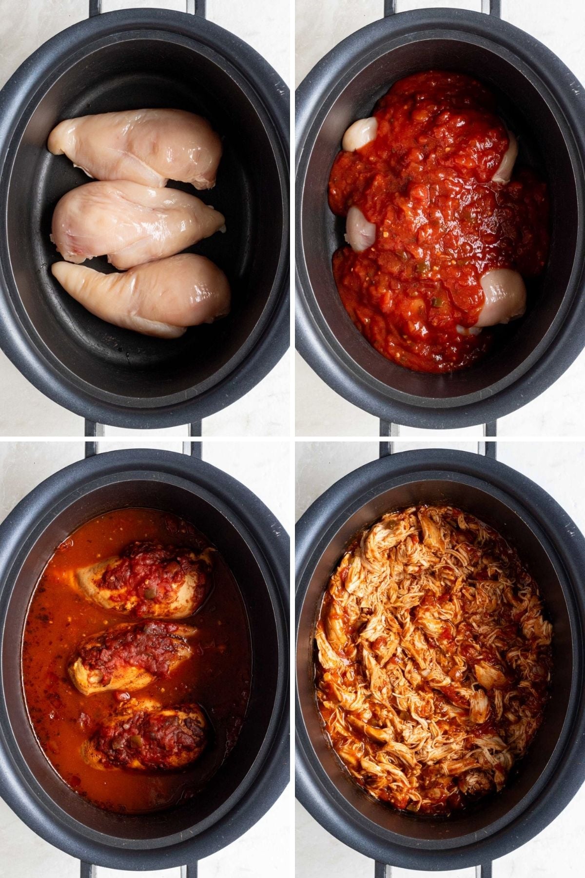 Grid of 4 images of a slow-cooker with raw chicken breasts; slow-cooker with raw chicken breasts and salsa; slow-cooker with cooked chicken breasts in salsa; and a slow-cooker with shredded salsa chicken.
