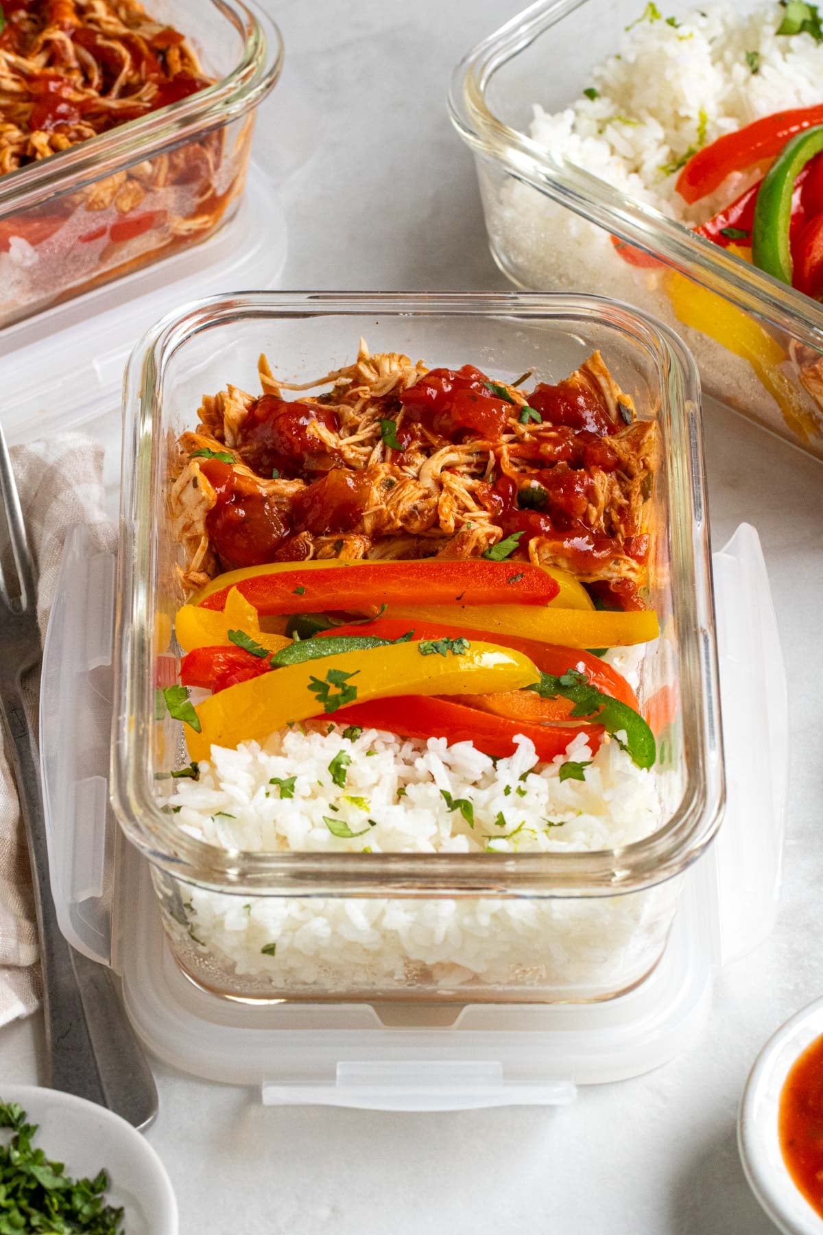Close up of a salsa chicken meal prep bowl.