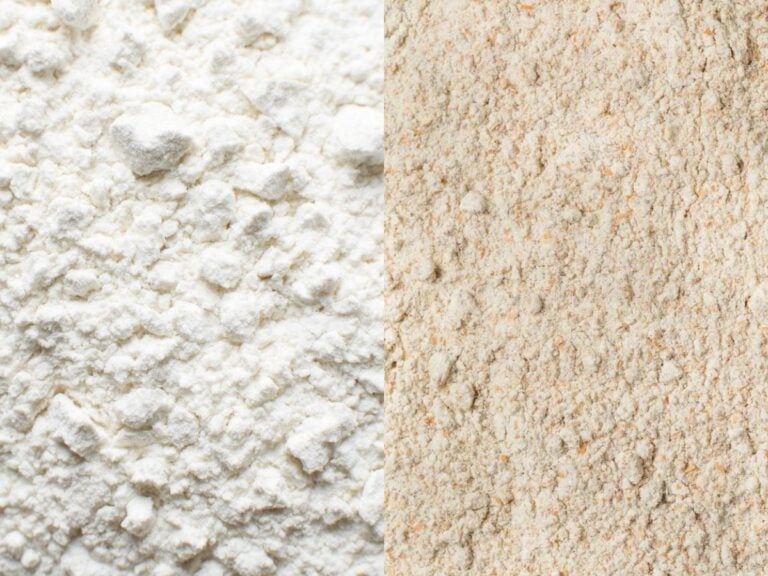 Grid of 2 images with a close of up all-purpose flour and a close up of whole wheat flour.