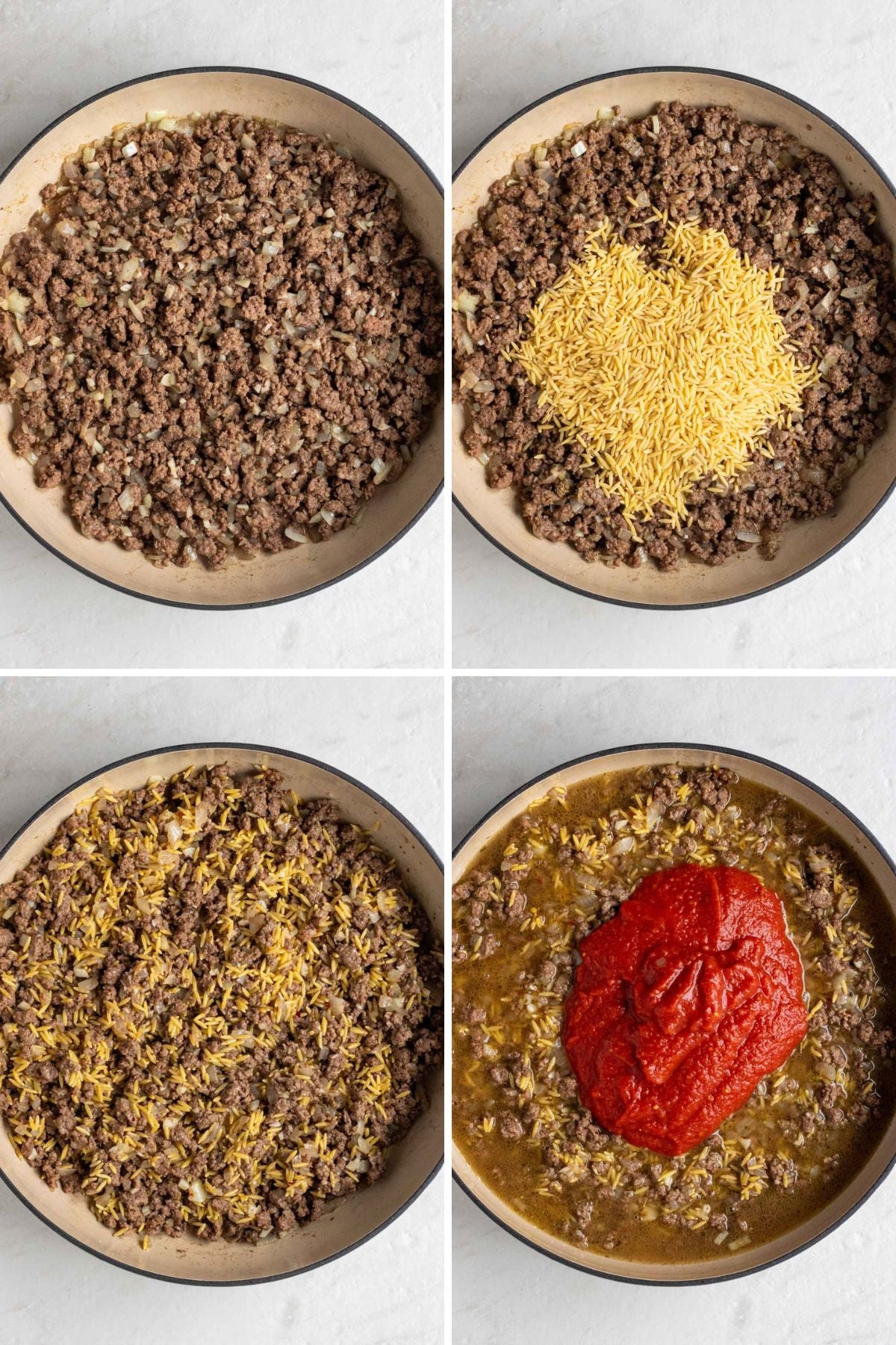 Grid of 4 images with a pot with cooked ground beef and onion; pot with ground beef and orzo on top; pot with ground beef and orzo mixed together; and pot with ground beef, orzo, beef broth, and crushed tomatoes.