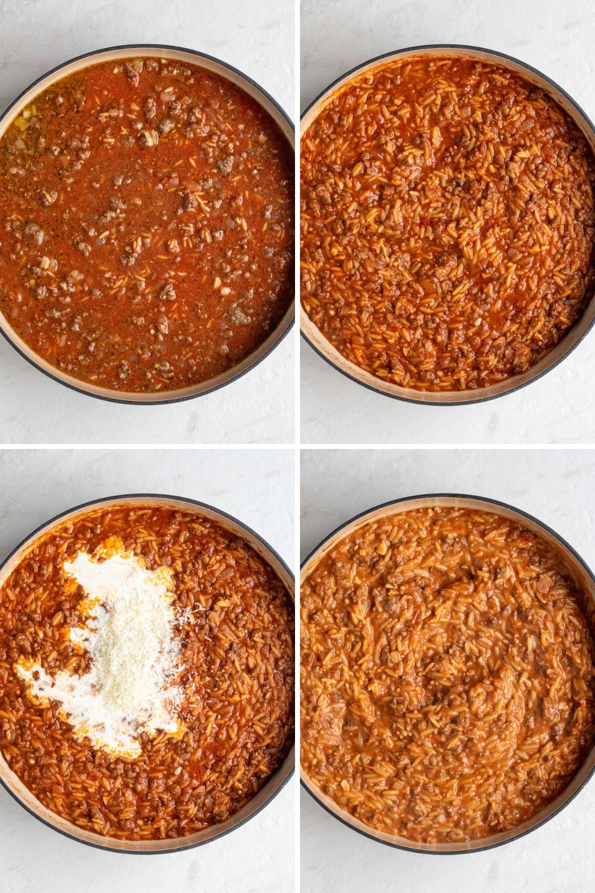 Grid of 4 images with a pot of cooked ground beef, orzo, tomatoes, and beef broth; pot of cooked ground beef, cooked orzo, tomatoes, and beef broth; pot of cooked ground beef, cooked orzo, tomatoes, and beef broth with heavy cream and parmesan cheese on top; and a pot with creamy ground beef orzo mixture.