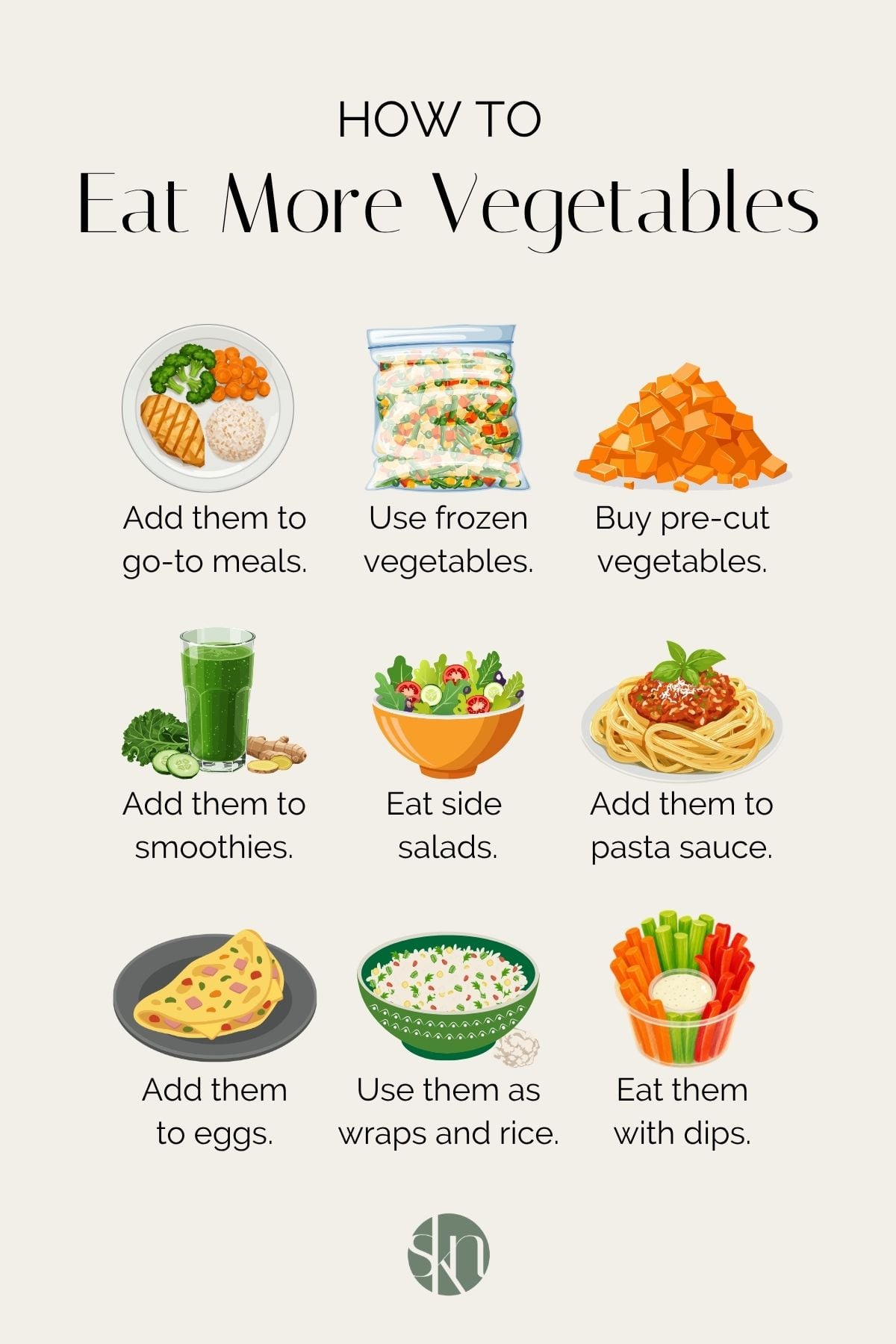 Infographic with tips on how to eat more vegetables. 