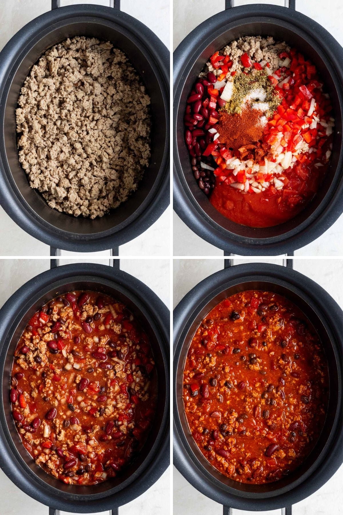Grid of 4 images of a slow cooker with cooked ground turkey; a slow cooker with cooked ground turkey, tomatoes, broth, onion, bell pepper, garlic, and spices; a slow cooker with uncooked turkey chili mixture; and a slow cooker with cooked turkey chili.