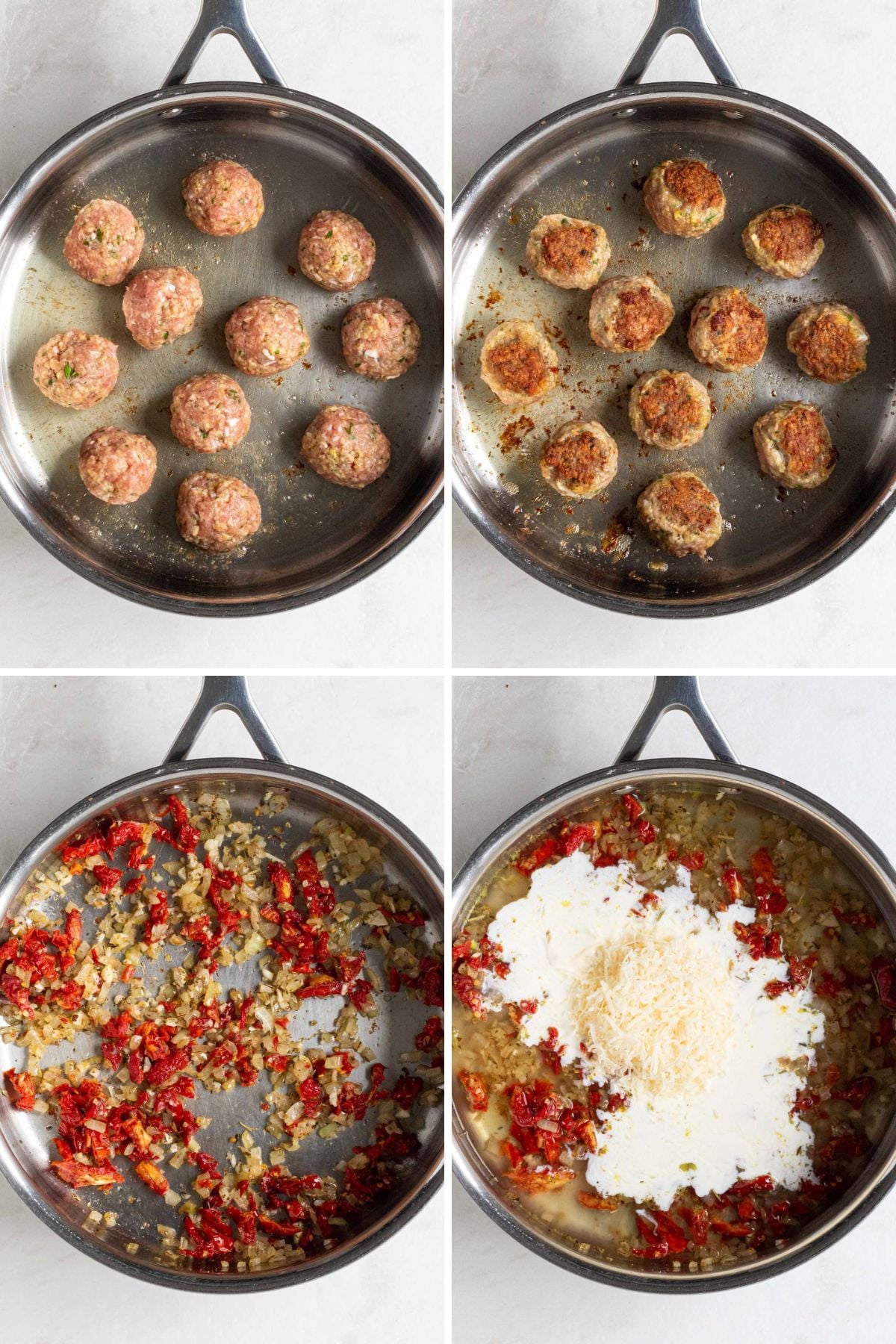 Grid of 4 images with a pan with raw chicken meatballs; a pan with cooked chicken meatballs; a pan with sautéed onion, garlic, sun-dried tomatoes, and Italian seasoning; and a pan with sautéed onion, garlic, sun-dried tomatoes, Italian seasoning, chicken broth, heavy cream, and parmesan cheese.