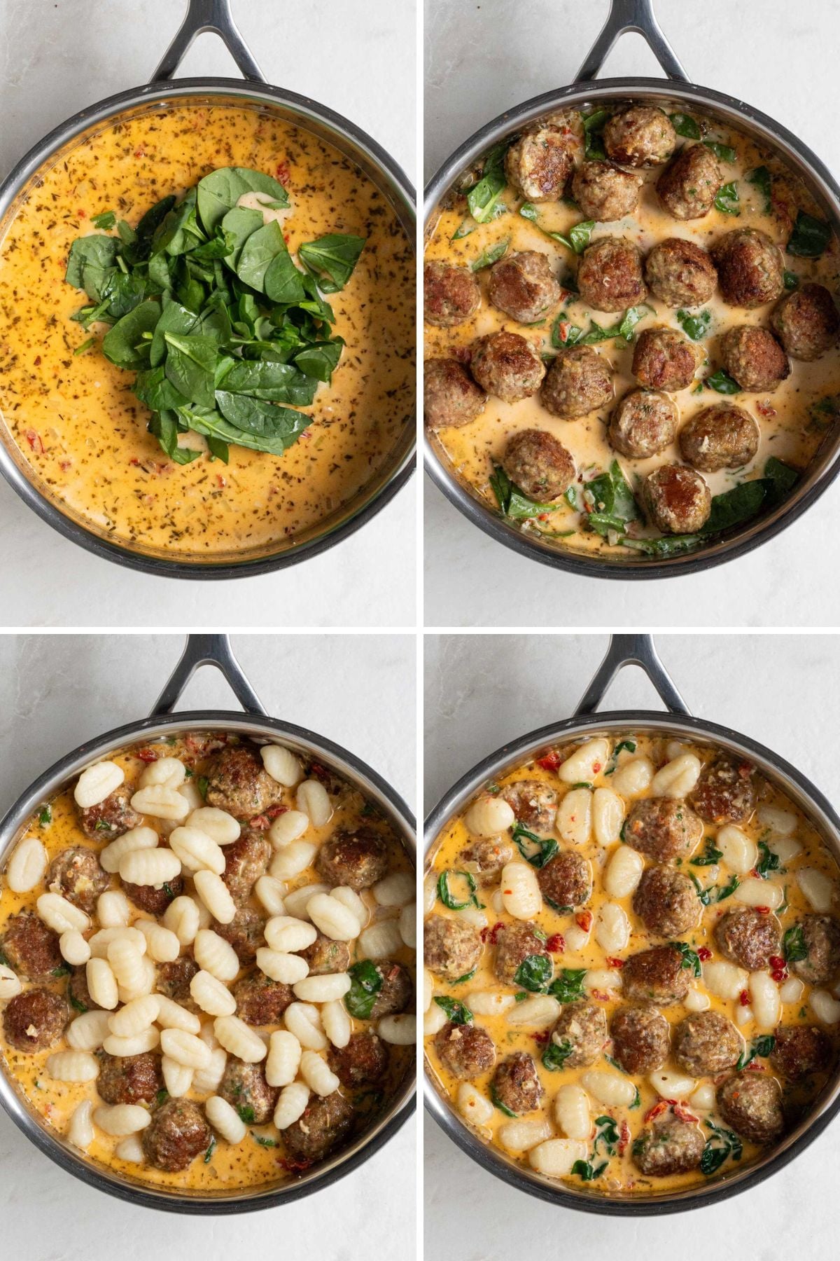 Grid of 4 images with a pan with Tuscan sauce with fresh spinach on top; a pan with Tuscan sauce with chicken meatballs; a pan with Tuscan sauce with chicken meatballs and gnocchi; and a pan of Tuscan chicken meatballs with gnocchi.