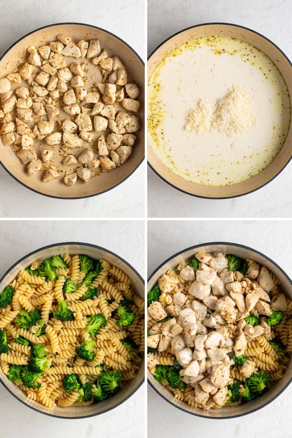 Grid of 4 images with a pot of seasoned cooked chicken breasts; pot of cream sauce; pot of cooked pasted and cooked broccoli; and a pot with cooked pasta, cooked broccoli, cooked chicken, and cream sauce on top.